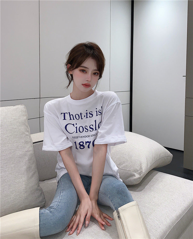 Real price ins white short sleeve letter print T-shirt women's summer mid length lower body loose top