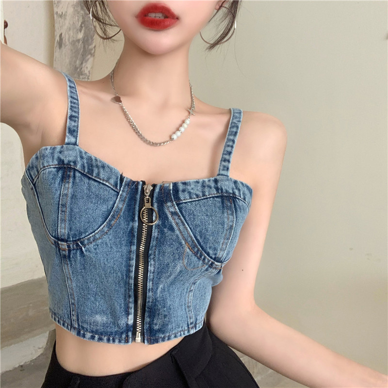 Real price Korean retro short denim sling 2021 spring versatile sexy zipper vest top