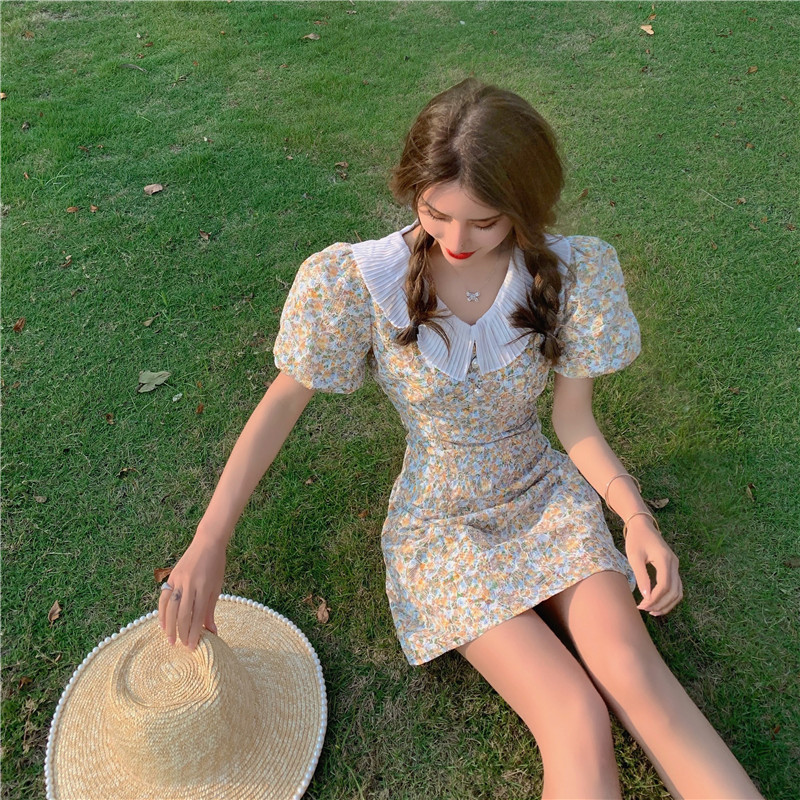 Real price fashion French retro Lapel floral bubble sleeve short sleeve dress summer new look thin
