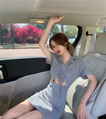 Real price pure desire temperament careful machine hollow drawstring waist polo collar short sleeve knitted dress