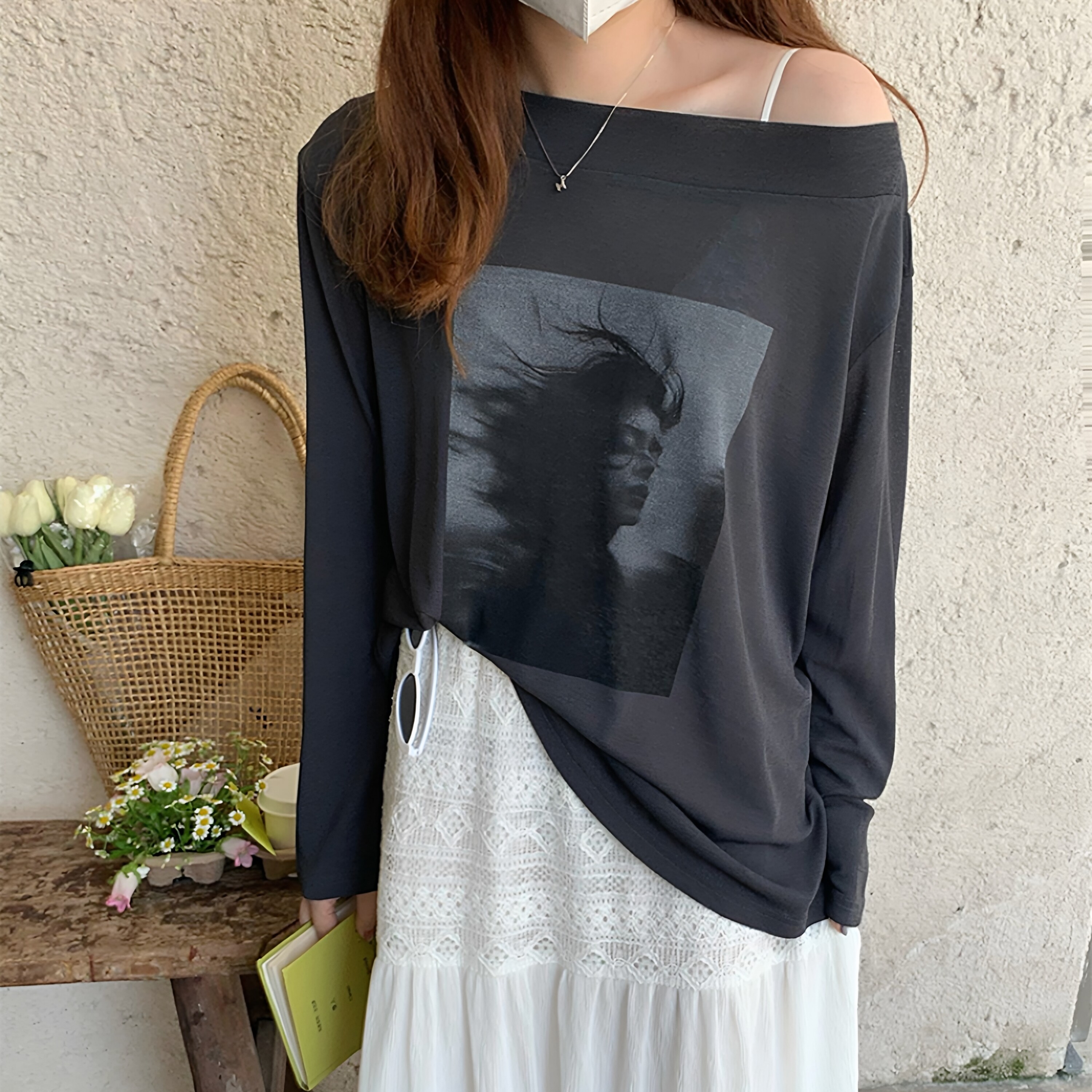 一字领露肩防晒衫长袖t恤女宽松夏季薄款韩版慵懒风印花上衣休闲T