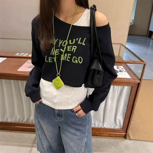 韩系印花斜肩长袖卫衣女春秋季新款设计感短款棉质上衣背心两件套