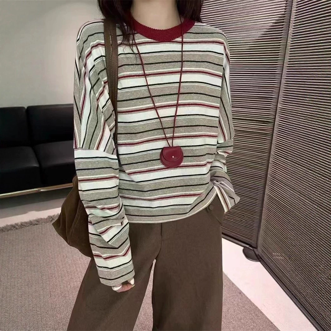 撞色条纹长袖t恤女2025新款大码