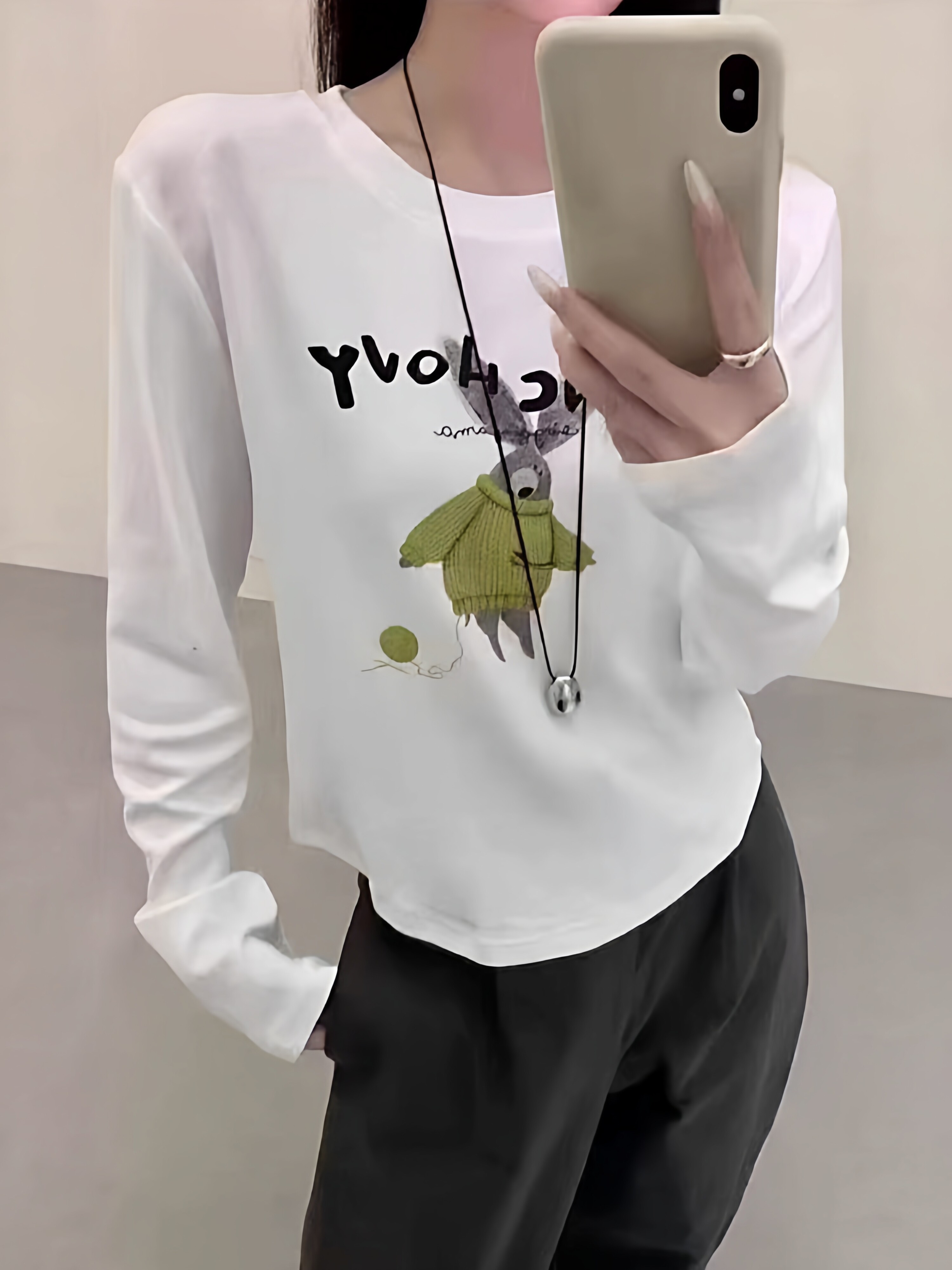 韩版时尚卡通印花磨毛白色内搭打底衫女2025新款秋冬长袖T恤上衣