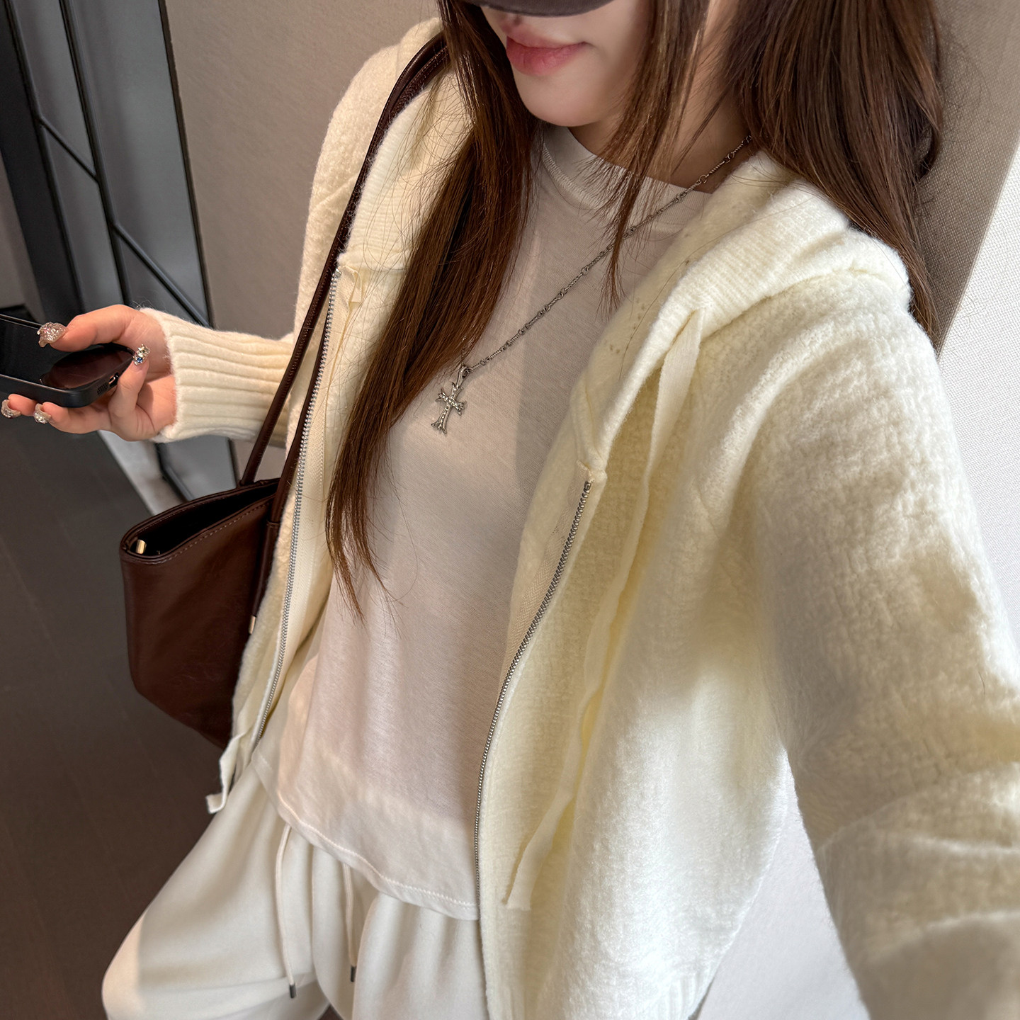 秋冬女连帽双向拉链卫衣外套宽松