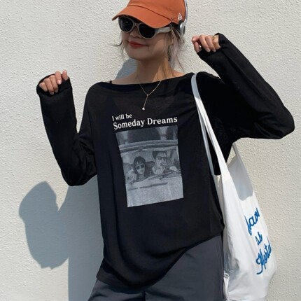 一字领露肩长袖t恤女薄款夏季胖mm大码宽松印花休闲上衣防晒罩衫