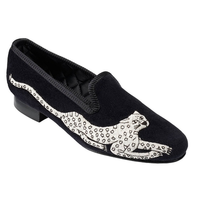 英国名鞋女士手工刺绣天鹅绒便鞋