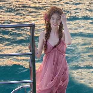 粉色辣妹款露背挂脖性感海边度假沙滩裙氛围感拍照仙女沙滩长裙女