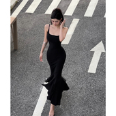 黑色赫本风性感吊带连衣裙女夏季 生日宴会小礼服裙露背鱼尾包臀裙