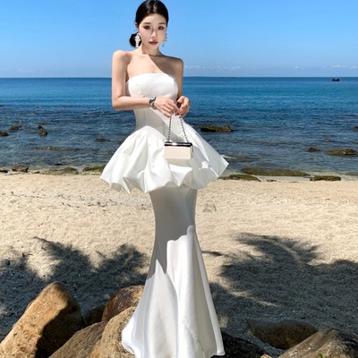 海边沙滩裙度假风白色花苞连衣裙女抹胸蓬蓬裙套装生日礼服裙长裙