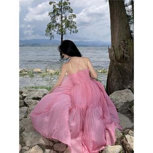 夏季纯欲性感吊带海边连衣裙无袖露背粉色收腰设计系带飘逸中长裙