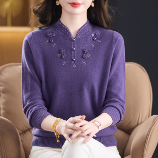 女装 加肥加大码 绣花毛衣 中老年妈妈旗袍领针织衫 高档100%纯羊绒衫
