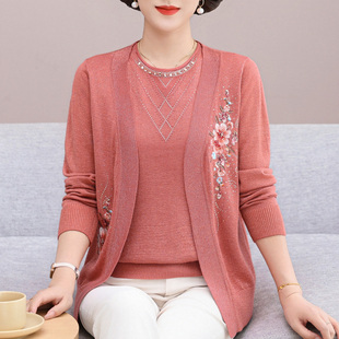 洋气妈妈桑蚕丝针织开衫 加肥加大码 中老年薄款 外搭 女春秋两件套装