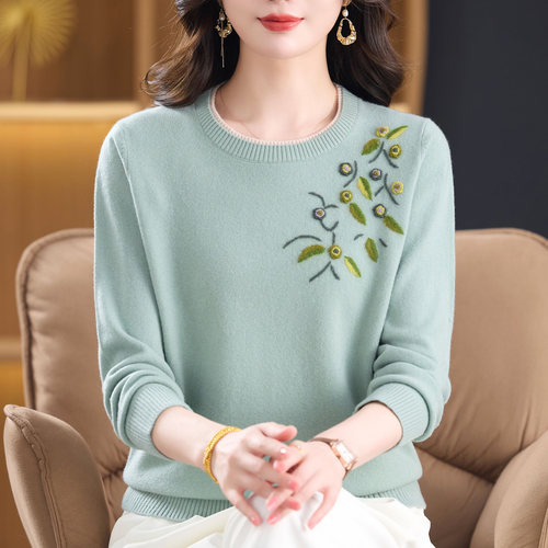 100%纯羊绒衫女秋冬绣花毛衣加肥加大码中老年妈妈洋气高贵打底衫
