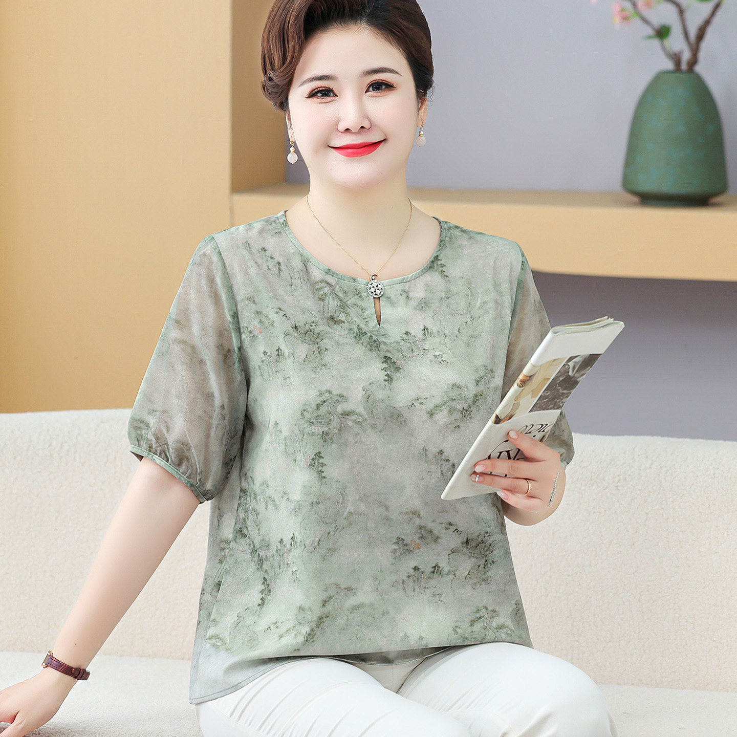 中老年女装夏季印花真丝上衣套装加肥特大码胖妈妈桑蚕丝T恤230斤