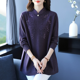 中老年女装国风立领针织衫洋气毛衣加肥特大码妈妈秋冬绣花羊绒衫
