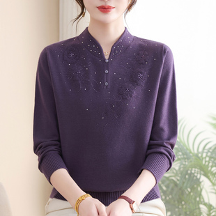 中老年妈妈秋冬旗袍领羊毛衫女新中式加肥加大码洋气毛衣高贵上衣