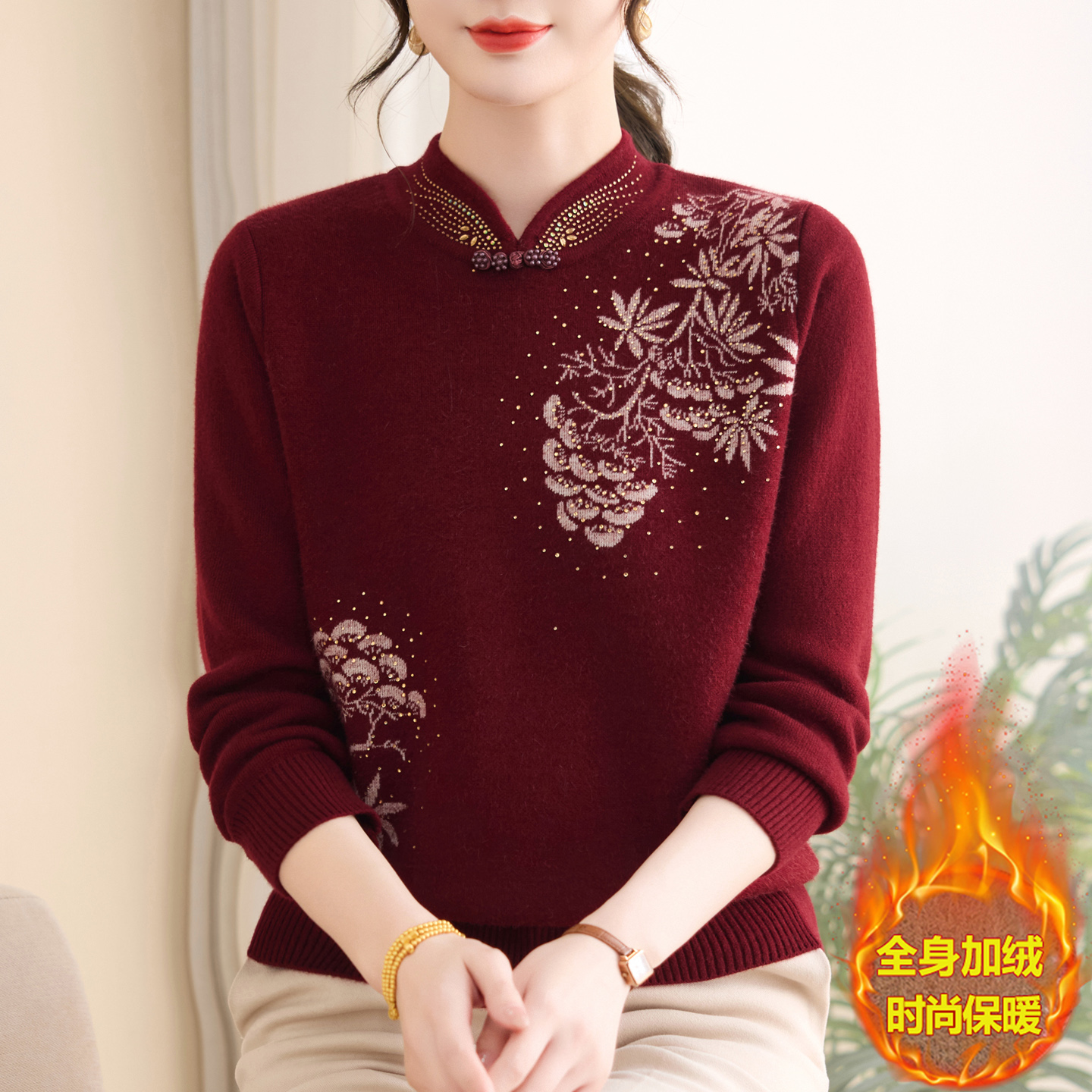加肥加大码新中式旗袍领加绒加毛衣中老年绣花高贵一体绒针织衫女