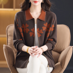 洋气妈妈提花羊绒薄外套加肥加大码 女春装 中老年翻领拉链针织开衫