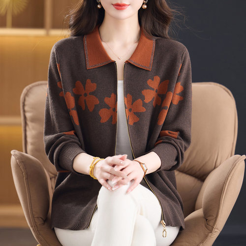 中老年翻领拉链针织开衫女春装洋气妈妈提花羊绒薄外套加肥加大码