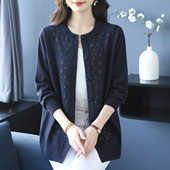 绣花羊绒外搭 女装 中老年妈妈春秋宽松外套洋气高贵针织开衫 特大码