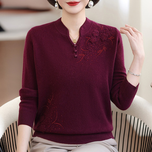 100%纯羊绒衫女新中式立领绣花针织衫加肥加大码中老年妈妈打底衫