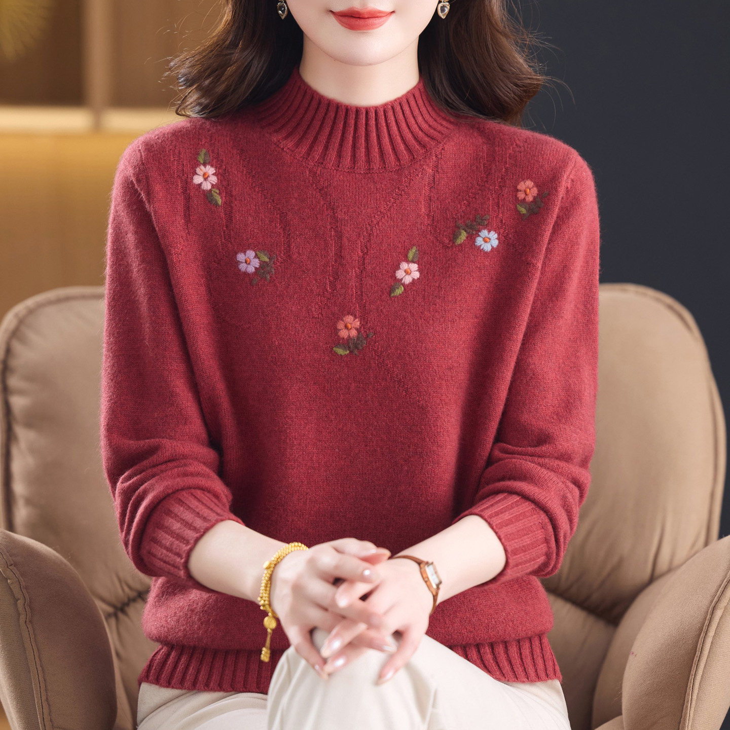 高档100%纯羊绒衫女加肥加大码中老年妈妈半高领绣花厚毛衣打底衫,女装/女士精品,中老年女装,淘宝优惠券,粉丝福利购,淘宝优惠卷