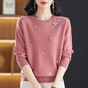 秋冬100%纯羊绒衫上衣洋气绣花中老年妈妈加肥加大码女装圆领毛衣