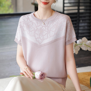 妈妈冰丝短袖 中老年夏装 宽松洋气上衣提花针织衫 t恤女加肥加大码