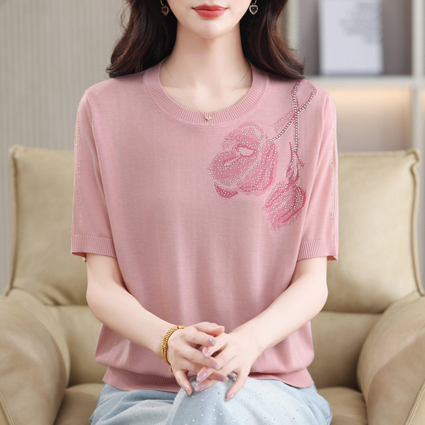加肥加大码夏季提花冰丝T恤女中老年妈妈洋气宽松桑蚕丝薄款上衣