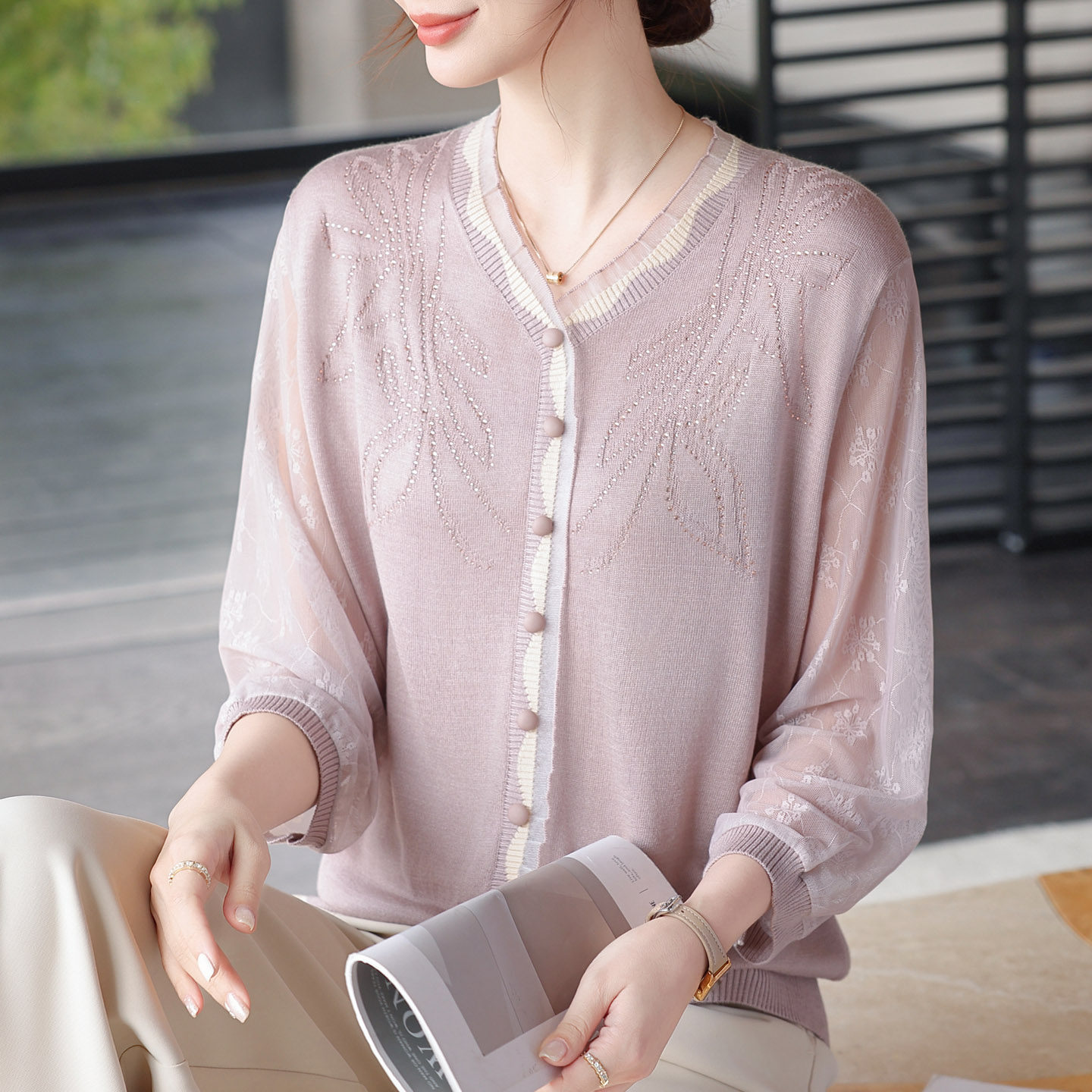 加肥加大码洋气妈妈7分袖春夏针织衫薄款桑蚕丝上衣中老年高贵T恤