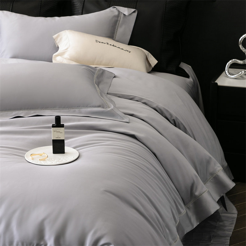 酒店风金太阳面料星耀臻柔棉天丝艾草纤维纯色镂空被套床单四件套