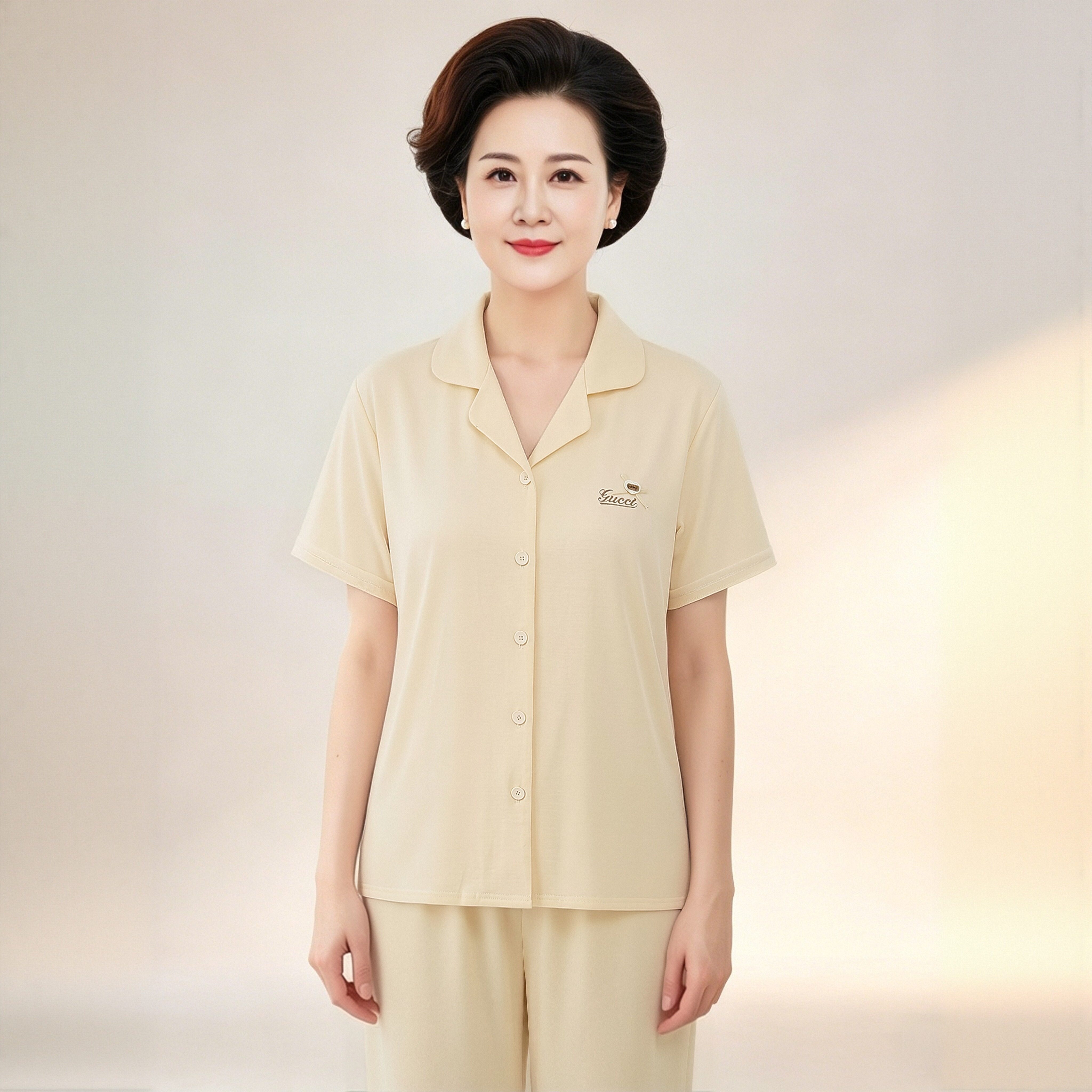 带胸垫妈妈睡衣短袖女夏季奶黄色干净清新感中老年全棉面料家居服