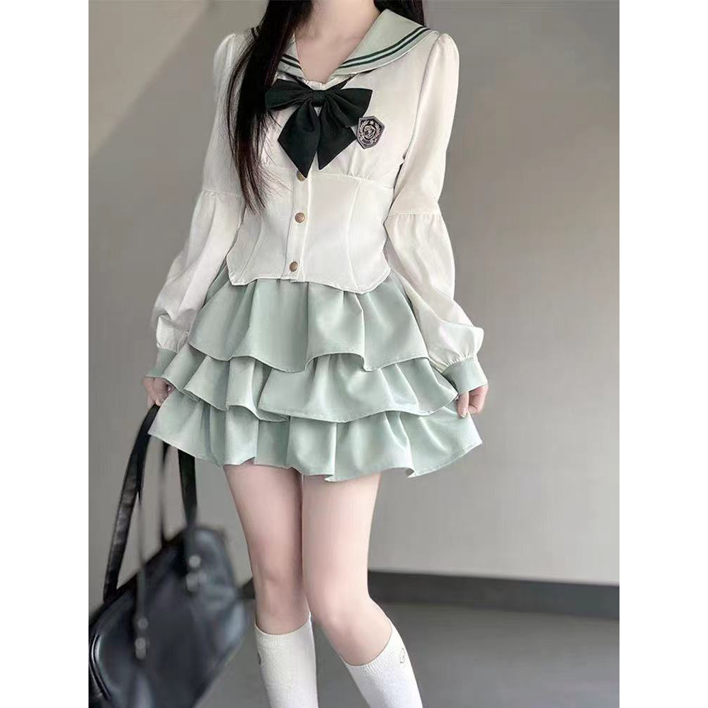 布丁熊原创jk制服一套学院风长短袖衬衫收腰套装蛋糕裙水手服女