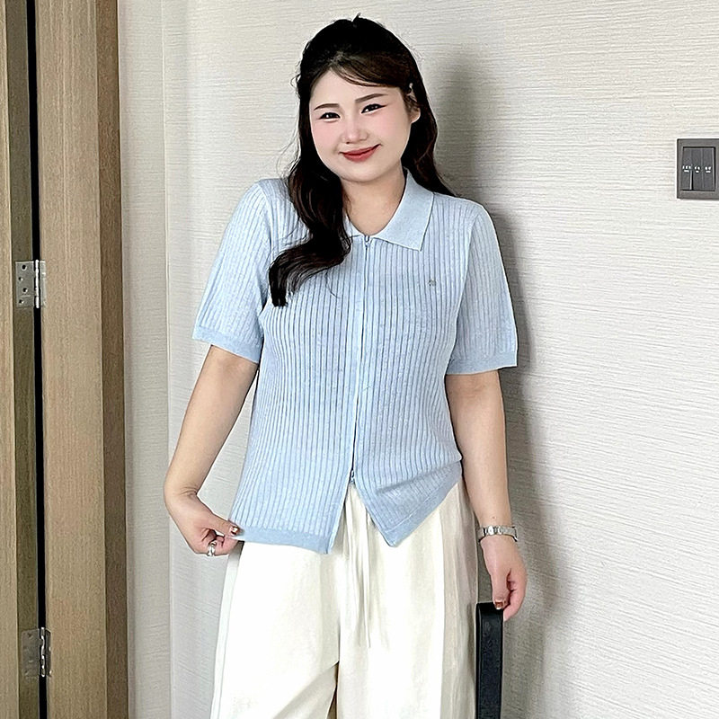 大码女装薄款POLO领上衣开衫2026夏胖mm宽松外搭短袖针织衫23791