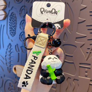 创意可爱木雕风熊猫系列钥匙扣创意精致抱竹熊猫情侣钥匙链包挂件