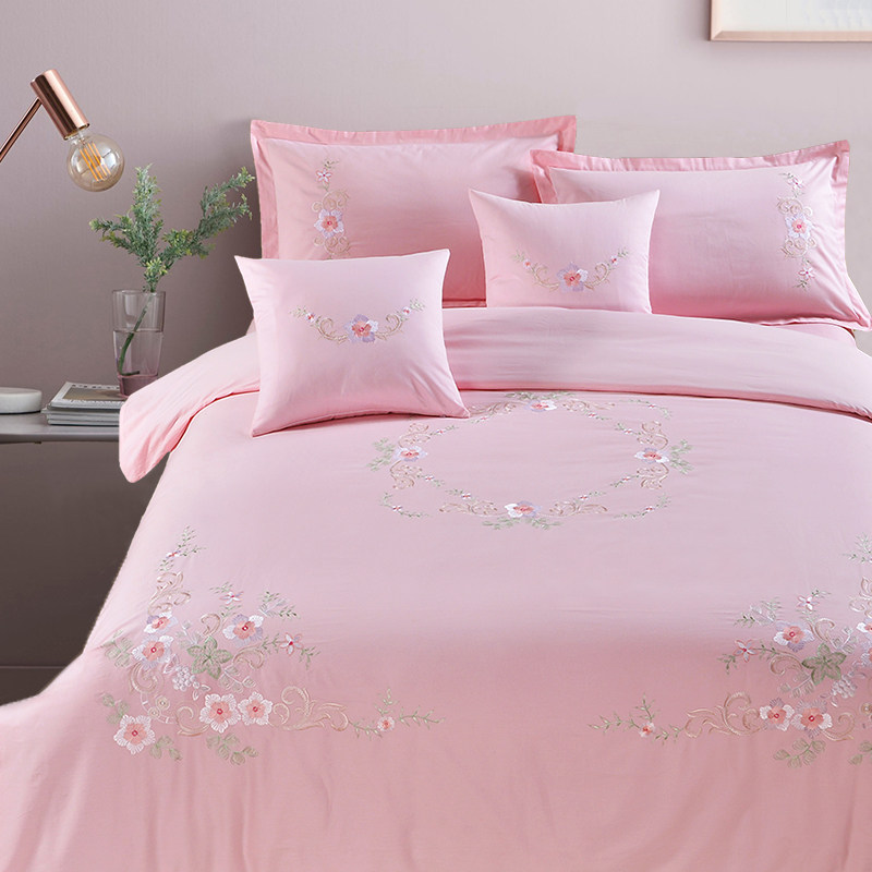 纯棉婚庆被套四件套欧式刺绣粉色绣花全棉床单枕套小清新床上用品