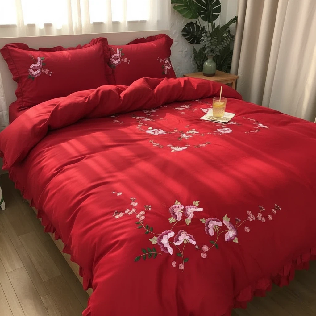 大红色纯棉刺绣被套四件套公主式婚庆四件套绣花木耳边法式套件