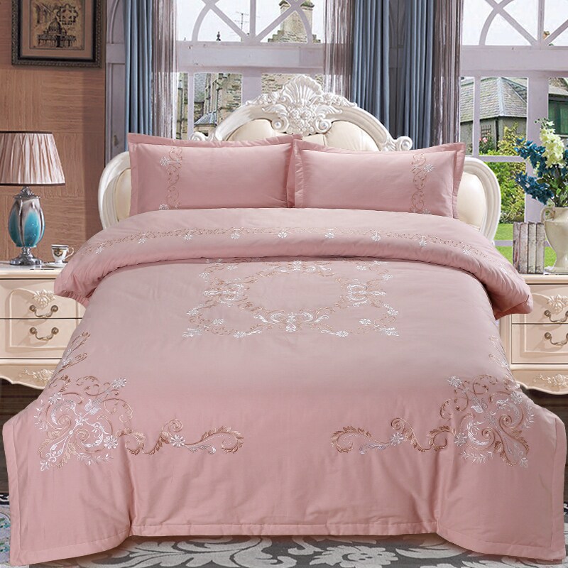 纯棉刺绣婚庆被套四件套欧式轻奢风粉色被单全棉床单枕套床上用品