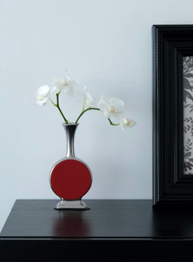 SilverOne哑光银色红鼓花瓶法式中国风创意高级感客厅玄关装饰