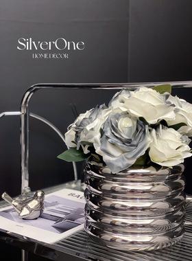 SilverOne圆圆圈圈陶瓷花瓶轻奢高级银色现代简约餐桌插花器装饰