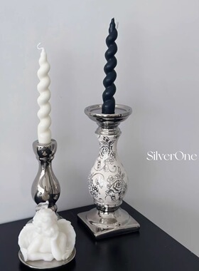 SilverOne专利设计玫瑰花纹烛台电镀银色摆件欧式餐桌装饰道具