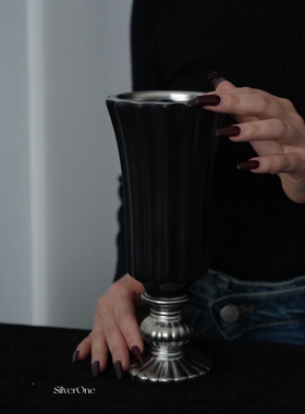 SilverOne法式轻奢复古黑色陶瓷花瓶高级感客厅家居软装饰品摆件