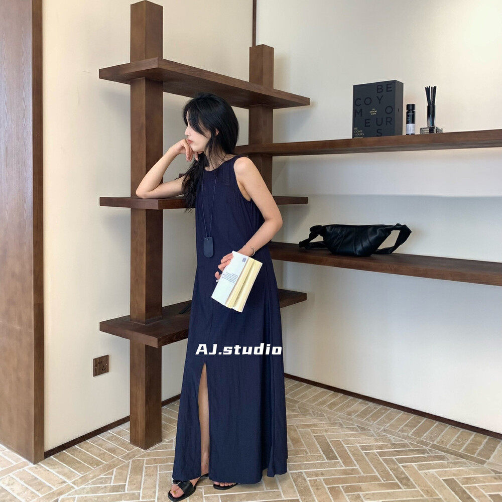 法式简约气质前开叉无袖连衣裙纯色宽松背心裙气质韩系长裙配项链