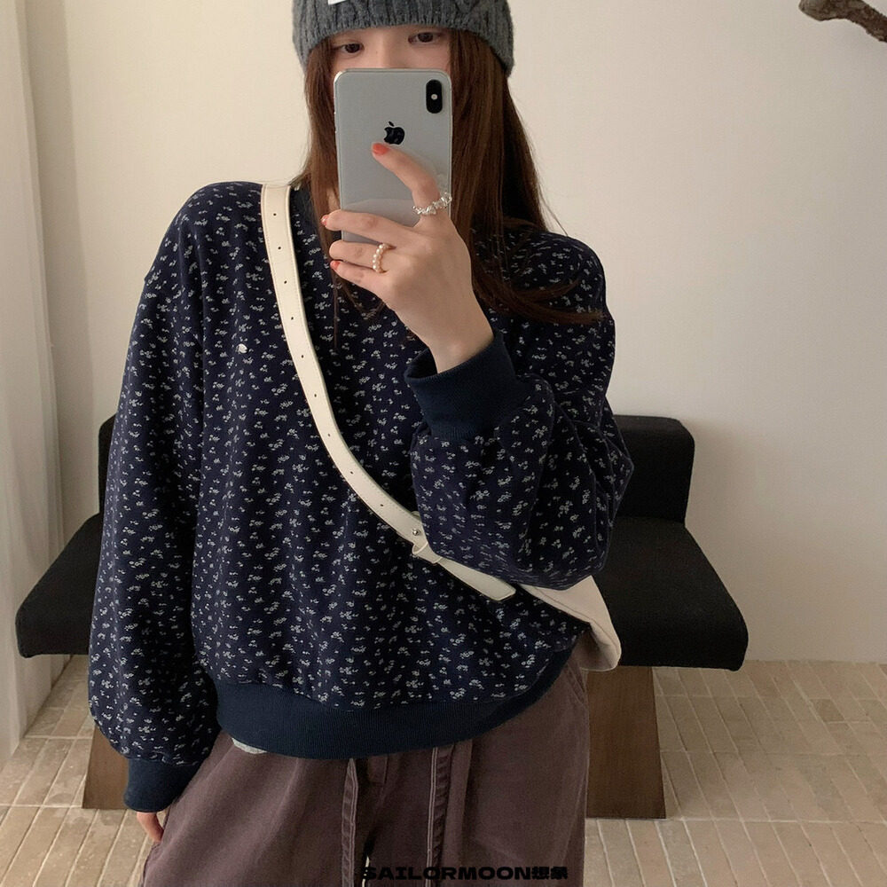 韩系碎花磨毛宽松套头卫衣