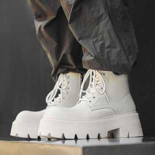 白色马丁靴男秋冬加绒大头皮靴高级感短靴子厚底增高英伦风工装靴
