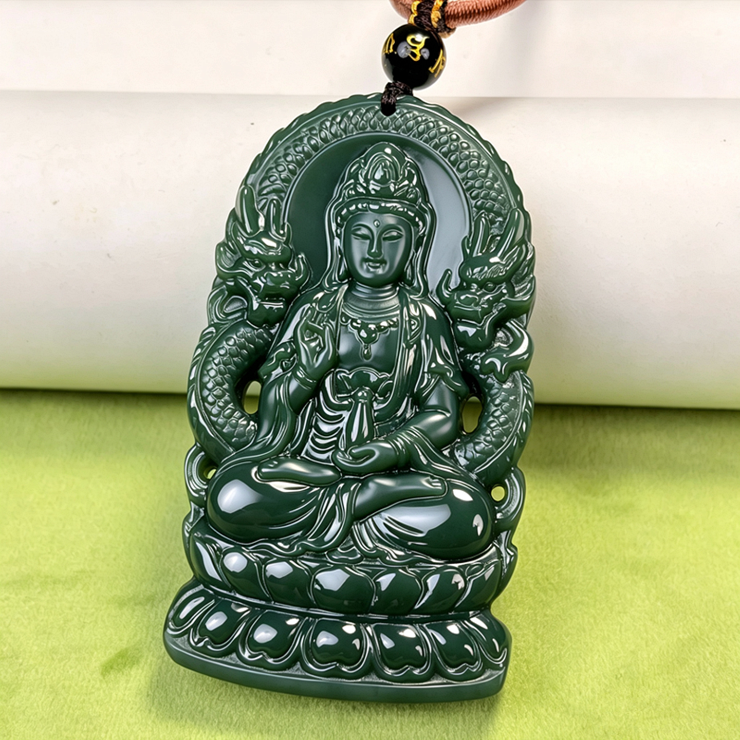 和田玉双龙护主观音玉坠新疆青玉大号观音菩萨玉佩男女玉吊坠玉佩