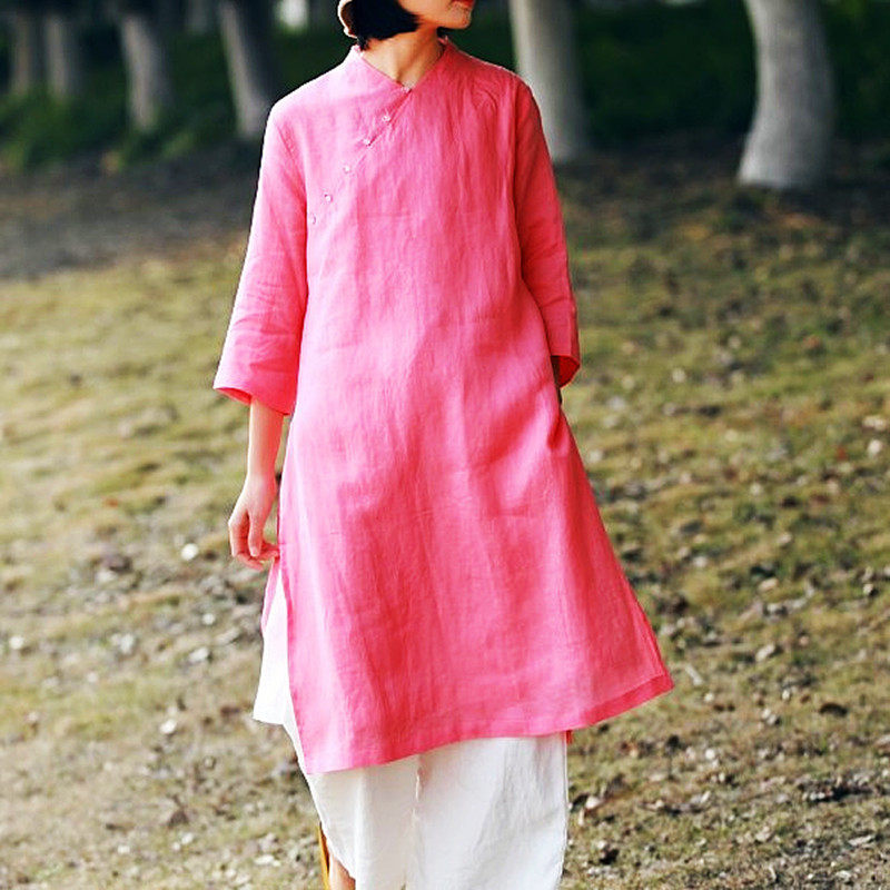 文艺棉麻瑜伽禅服中长旗袍裙飘逸开叉上衣仙女中国风气质茶服春夏