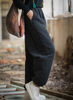 棉麻打坐禅服裤子夹棉加厚保暖棉裤做旧绗缝格纹瑜伽长裤茶居士服