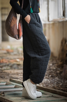 棉麻打坐禅服裤子夹棉加厚保暖棉裤做旧绗缝格纹瑜伽长裤茶居士服